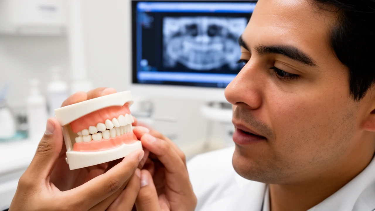Dr. Joey Cazares carefully examines a dental model, demonstrating his expertise and attention to detail.