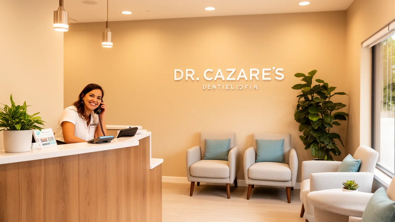 The welcoming reception area at Dr. Joey Cazares's McAllen dental office, where patients are greeted by a friendly team.
