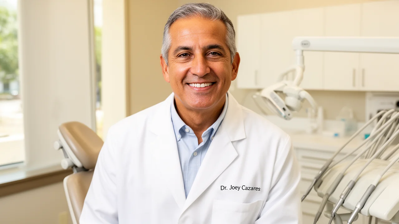 Dr. Joey Cazares, DDS, a trusted McAllen dentist, smiling in his modern dental office.