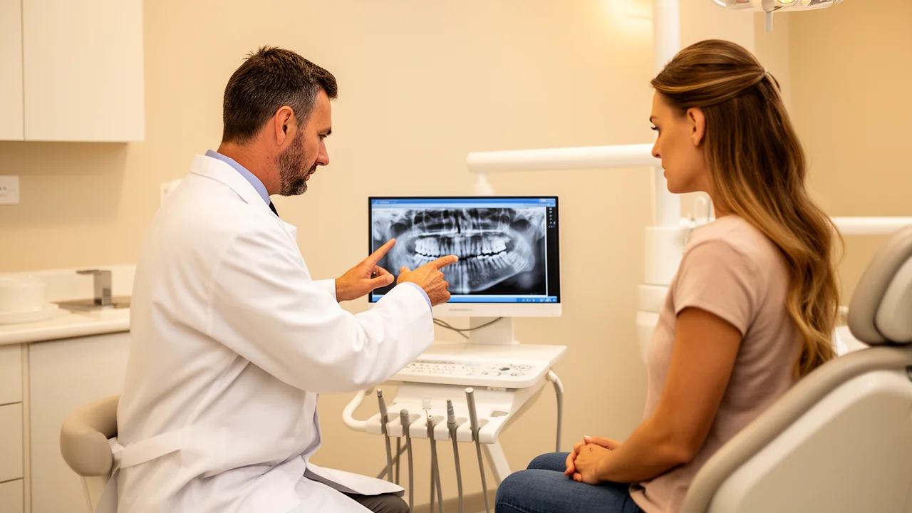 Dr. Joey Cazares discusses a dental X-ray with a patient during a consultation in his modern McAllen office.