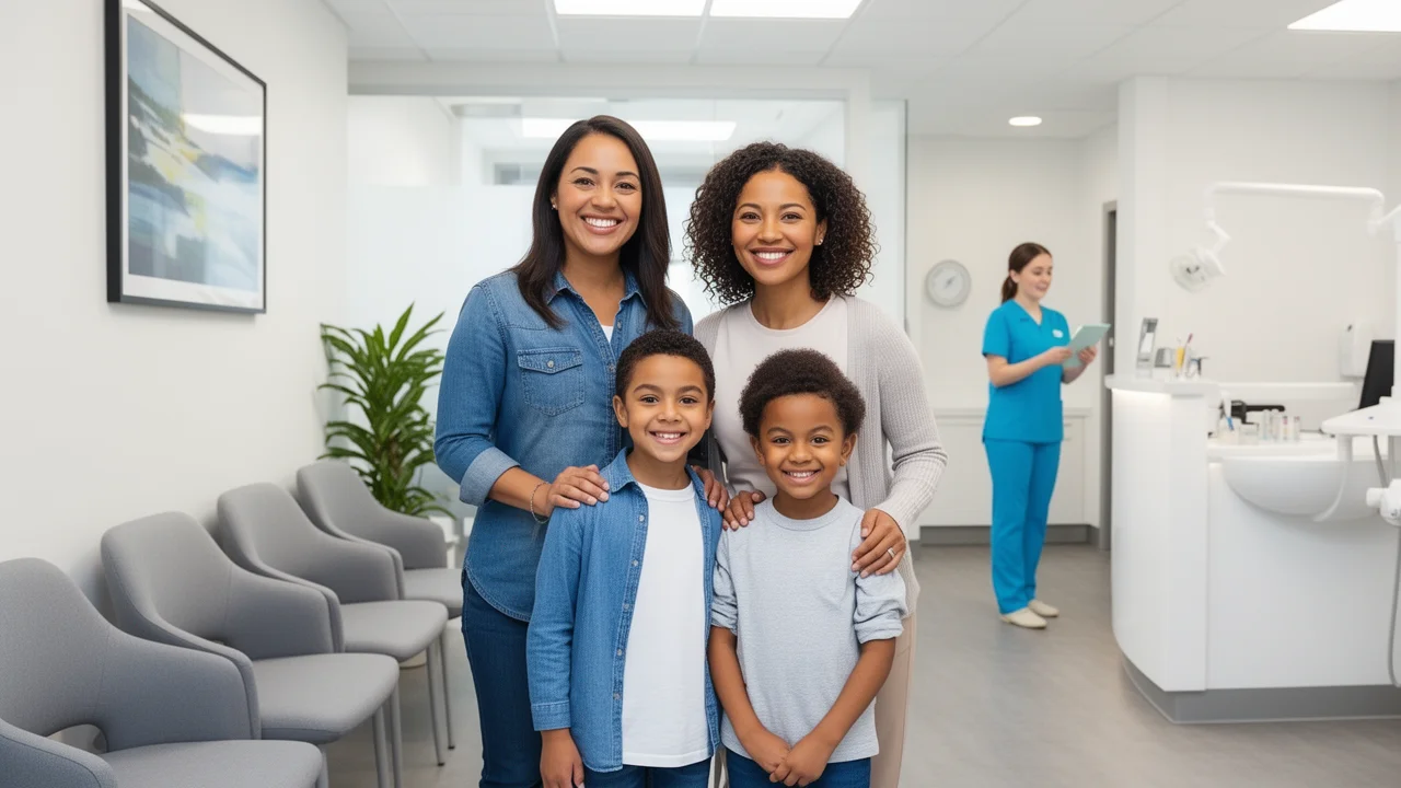 A happy family in the waiting room of a modern McAllen dental practice, representing the ideal patient experience.